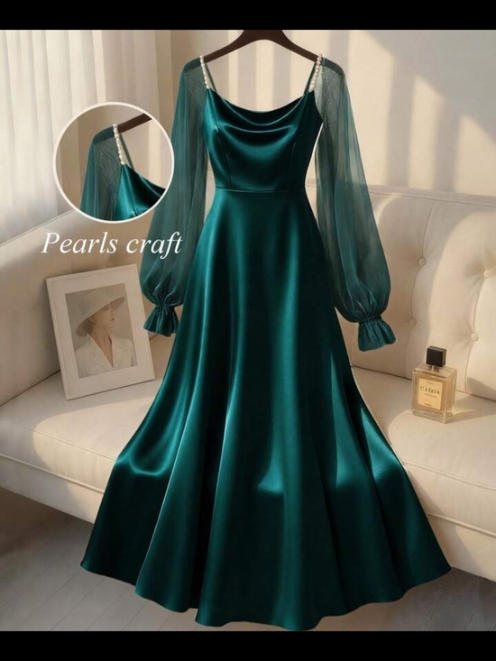 Dresses & Skirts - Pearl-Strap Emerald Satin Midi Dress with Sheer Bishop Sleeves